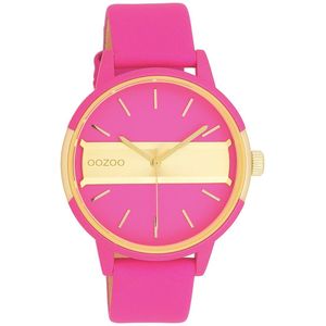 OOZOO Timepieces - Neon roze/goudkleurige OOZOO horloge met neon roze leren band - C11192