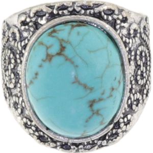 Behave - Ring - Vintage Antiek Zilverkleurige Ring met Turquoise Blauwe Steen – Bohemian & Klassiek 16mm