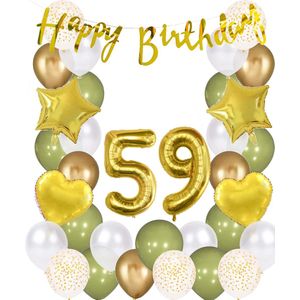 Snoes Ballonnen 59 Jaar Wit Olijf Groen Goud Mega Ballon - Compleet Feestpakket 59 Jaar - Verjaardag Versiering Slinger Happy Birthday – Folieballon – Latex Ballonnen - Helium Ballonnen - Olive Green Verjaardag Decoratie