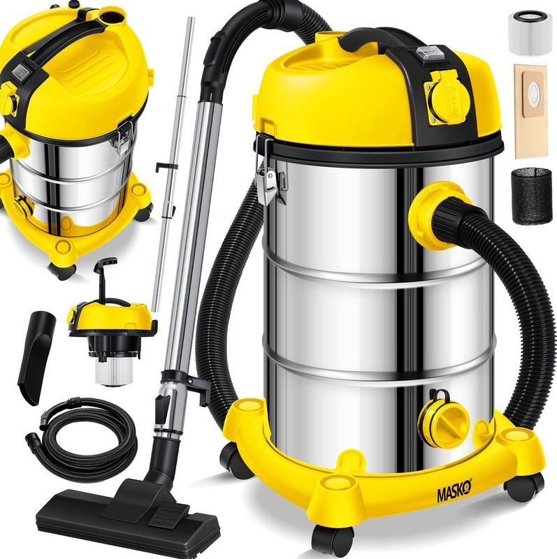 MASKO® industriële stofzuiger nat-droog roestvrij staal 2300W + stopcontact | blaasfunctie | droog en nat zuigen | Push&Clean | industriële stofzuiger met en zonder zak | zakloos - Geel