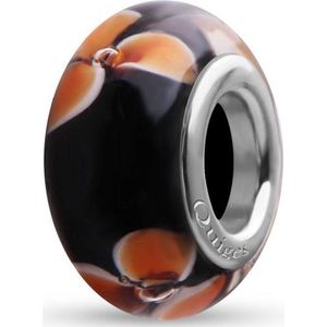 Quiges - Glazen - Kraal - Bedels - Beads Zwart met Oranje Witte Bloemen Past op alle bekende merken armband NG654