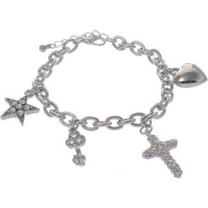 Behave Zilverkleurige bedel armband met ster, hart, kruis en sleutel