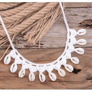 Macrame Boho Shell 3-in 1 Ketting - Wit | Ibiza Style | 65 cm | Fashion Favorite