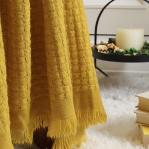 Boerderij boho gebreide deken voor bank sofa stoel bed woondecoratie, zacht warm gezellig licht gewicht voor lente zomer herfst (50''X60'' mosterd / geel)