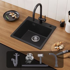 CECIPA max 45x45cm Spoelbak Met Kraangat - Granieten Gootsteen - Spoelbak Keuken - Enkele Spoelbakken - Spoelbakken met afdruip - 80% kwartszand en 20% hars - Antraciet
