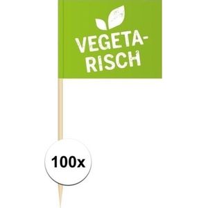 100x Cocktailprikkers Vegetarisch 8 cm vlaggetjes - Houten spiesjes met papieren vlaggetje - Wegwerp prikkertjes
