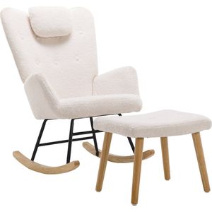 Merax Schommelstoel met Voetensteun - Pluche Relaxstoel - Stoel met Hoofdkussen - Wit