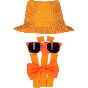Toppers - Carnaval verkleed set compleet - glitter hoedje/bretels/party bril/strikje - oranje - heren/dames - verkleedkleding