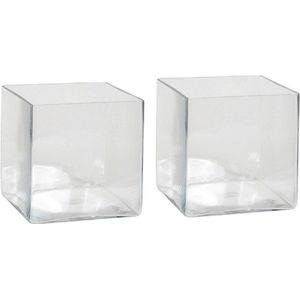 2x Lage Vierkante Vaas Transparant Glas 20 X 20 X 20 cm - Accubak - Glazen Vazen - Woonaccessoires