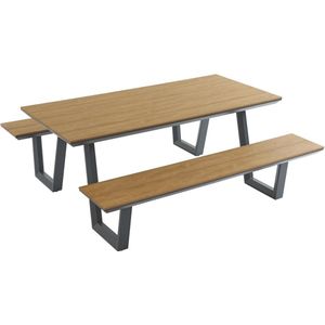 MYLIA Tuineethoek van aluminium en polywood: een tafel L220 cm + 2 bankjes - Antraciet en licht naturel - VLASTI van MYLIA L 200 cm x H 75 cm x D 190 cm