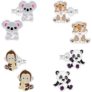 Kinderoorbellen, set van vier oorstekers van dieren, koala, panda, tijger en aap | Oorbellen meisje