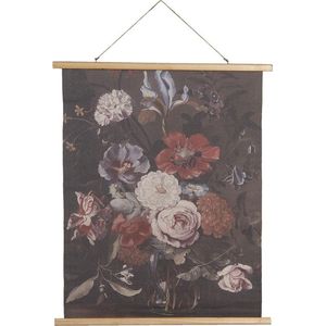 Clayre & Eef Wandkleed 80x100 cm Zwart Roze Hout Textiel Rechthoek Bloemen Wanddoek