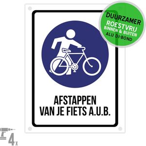 Pictogram/ bord Dibond + boorgaten | ""Afstappen van je fiets a.u.b."" | 27 x 36 cm | Gevaar | Fietser | Duurzaam | 1 stuk