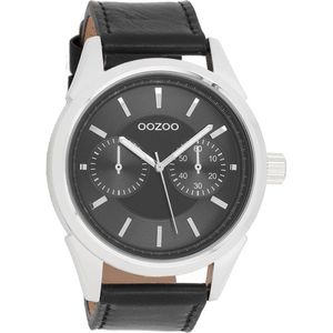 OOZOO Timepieces - Zilverkleurige horloge met zwarte leren band - C8594