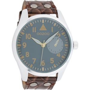 OOZOO Timepieces - Zilverkleurige horloge met bruine leren band - C10327