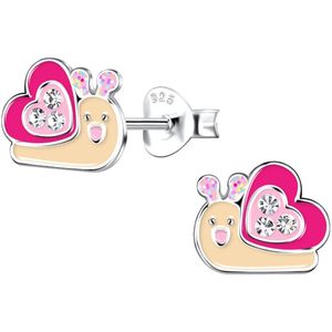 Joy|S - Zilveren slak oorbellen - roze hartje als slakkenhuis - 9 x 7 mm - kinderoorbellen