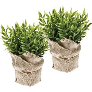 2x Kunstplant Muizendoorn Kruiden Groen In Pot 20 cm - Kunstplanten/Nepplanten
