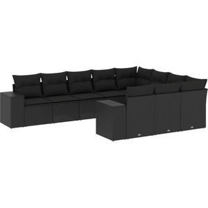 The Living Store 10-delige Loungeset met kussens poly rattan zwart - Loungeset - Tuinset - Buitendecoratie - Tuinstoel - Hoekbank