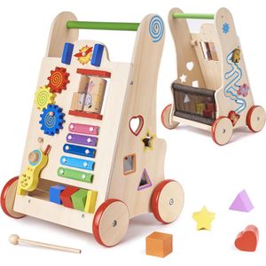 Playos® - Houten Loopwagen - 6 in 1 - Looptrainer - met Antislip Wielen - Educatieve Looptrainer - Babywalker - Educatief Speelgoed - Leren Lopen - Loopwagen - Babyspeelgoed - Busy Board - Sorteer Speelgoed