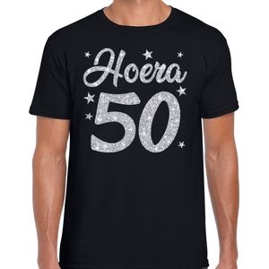 Hoera 50 jaar verjaardag cadeau t-shirt - zilver glitter op zwart - heren - Abraham cadeau shirt XL