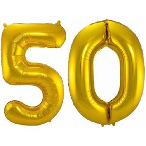 Folie ballon cijfer 50 jaar – 80 cm hoog – Goud - met gratis rietje – Feestversiering – Verjaardag – Abraham Sarah - Bruiloft