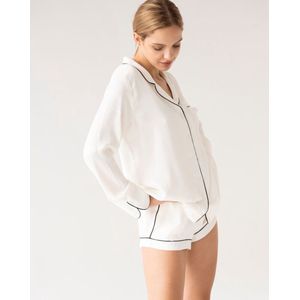 Dames Shortama Charlotte-Satijnlook-Lange Mouwen & Korte Broek-Elegante Contrasterende Details-Wit-Maat L