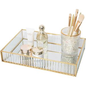 Gouden Dienblad - Rechthoekig Spiegel Dienblad met Glas - Decoratief Parfum Dienblad - Serveerschaal voor Ontbijt Thee Salontafel
