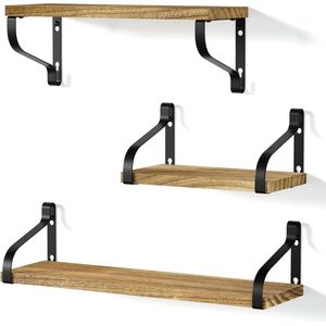 Wandplank, zwevende plank, hangplank, kubusplanken, U-vormige wandplank, set van 3, vintage landelijke stijl massief hout Paulownia, ideaal voor woonkamer, slaapkamer, hal, badkamer, lengte 43 / 33 / 23 cm