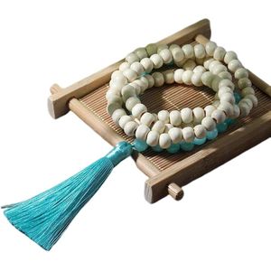 Mala hout amazoniet | Edelsteen | wit blauw | 108 kralen ketting met kwastje | Meditatie Yoga | Sparkolia