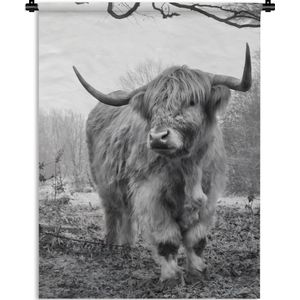 Wandkleed - Wanddoek - Schotse Hooglander - Bos - Mist - Koe - Dieren - Natuur - 150x200 cm - Wandtapijt