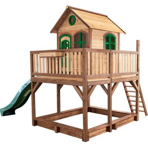 AXI Liam Speelhuis in Bruin/Groen - Met Verdieping, Zandbak en Groene Glijbaan - Speelhuisje voor de tuin / buiten - FSC hout - Speeltoestel voor kinderen
