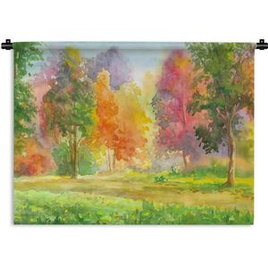 Wandkleed Bossen en bomen illustratie - Een kleurrijke illustratie van bomen Wandkleed katoen 90x67 cm - Wandtapijt met foto