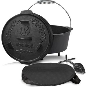 Dutch Oven Set 4,25 liter, gebrande gietijzeren vuurpot voor kamperen in de tuin, kampvuur, met voeten, deksel, dekselheffer en draagtas