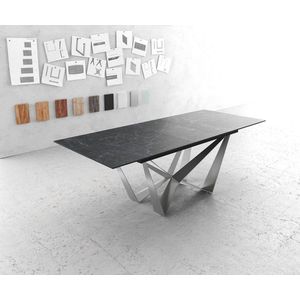 Eettafel Edge Laminam® keramiek grijs 180-220x90cm middenvoet vlak staal zilver