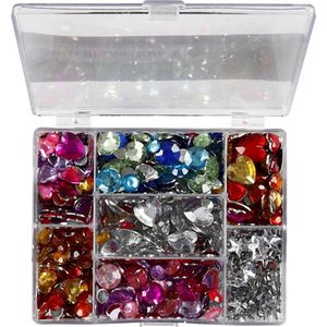 Strasstenen in display box, rond, sterren, harten, d 6+7+9+10+11+12+14+16 mm, blauw, roze, zilver, 300 stuk/ 1 doos