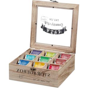 Theedoos 9 vaks - houten theekist met transparante deksel - voor theezakjes en koffiepads - HBD 9x24x25 cm natuur Theedoos