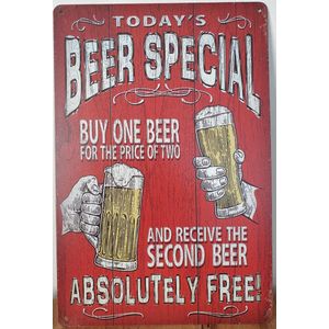 Bier special one beer price of 2 Reclamebord van metaal METALEN-WANDBORD - MUURPLAAT - VINTAGE - RETRO - HORECA- BORD-WANDDECORATIE -TEKSTBORD - DECORATIEBORD - RECLAMEPLAAT - WANDPLAAT - NOSTALGIE -CAFE- BAR -MANCAVE- KROEG- MAN CAVE