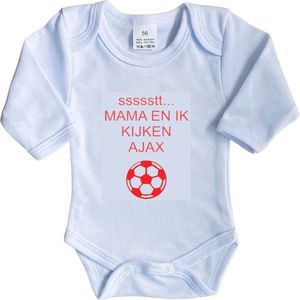 La Petite Couronne Romper Lange Mouw ""ssssstt Mama en ik kijken AJAX"" Unisex Katoen Wit/rood Maat 62