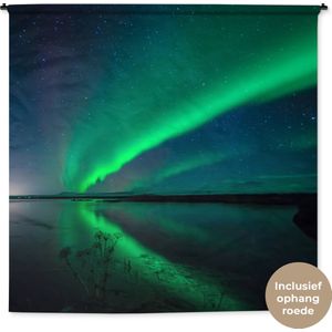 Wandkleed - Wanddoek - Noorderlicht - IJsland - Sterrenhemel - Groen - Water - 180x180 cm - Wandtapijt