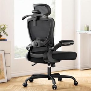 Ergonomische Bureaustoel Met 3D-Hoofdsteun - Lendensteun - Inklapbare Armleuningen - Kantelvergrendeling - Comfortabel Dik Zitkussen - Belastbaar Tot 136 KG - Zwart