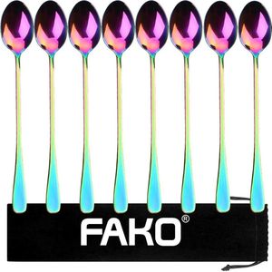 Fako Bijoux® - 8 Lange Lepels - Latte Macchiato - Longdrink - Cocktail - Dessert - IJs - Koffie - Regenboog - 8 Stuks - Bewaarzakje
