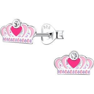 Joy|S - Zilveren kroontje oorbellen - 8 x 5 mm - roze met roze hartje en glittertjes - prinses oorknoppen - kinderoorbellen