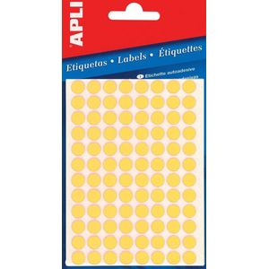 Apli ronde etiketten in etui diameter 8 mm, fluo geel, 288 stuks, 96 per blad (2079)