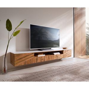 TV-Board Bahan Mango Teak 220 cm 2 Türen 2 Schubladen 1 Fach Marmorplatte weiss