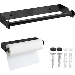 Keukenrolhouder muur, 28 cm keukenrolhouder roestvrij staal, keukenrolhouder met schroeven, papierrolhouder voor keuken, badkamer, woonkamer - zwart