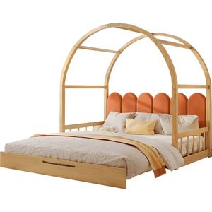 Merax Uitschuifbaar Kinderbed met Gebogen Dak en Matras – Schuifbed - Dagbed en Tweepersoonsbed (140x100 cm & 140x200 cm) – Houten Frame - Kussens in Fluweel - Naturel en Oranje