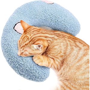 Kussen voor katten | zacht pluizig huisdier rustgevend speelgoed | kattenkruidkussen, kattenkruid pluche dier | U-vormig kussen om te slapen, uit te rusten, spelen (blauw)