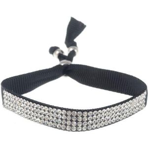 Behave - Armband - Zwart Lint met Transparante Strass Steentjes