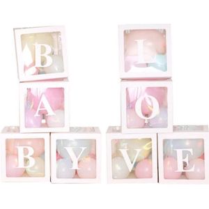 Acht doorzichtig letter ballon blokken Baby & Love wit met 48 pastelkleurige ballonnen - ballonblok - ballonbox - Love - Baby