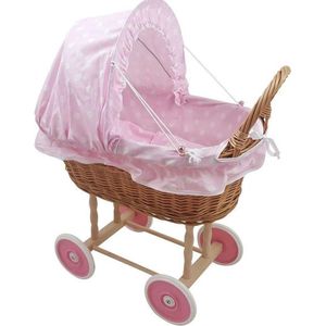 Playwood - Rieten poppenwagen licht roze met witte stippen met opvouwbare stoffen kap - Plastic wielen